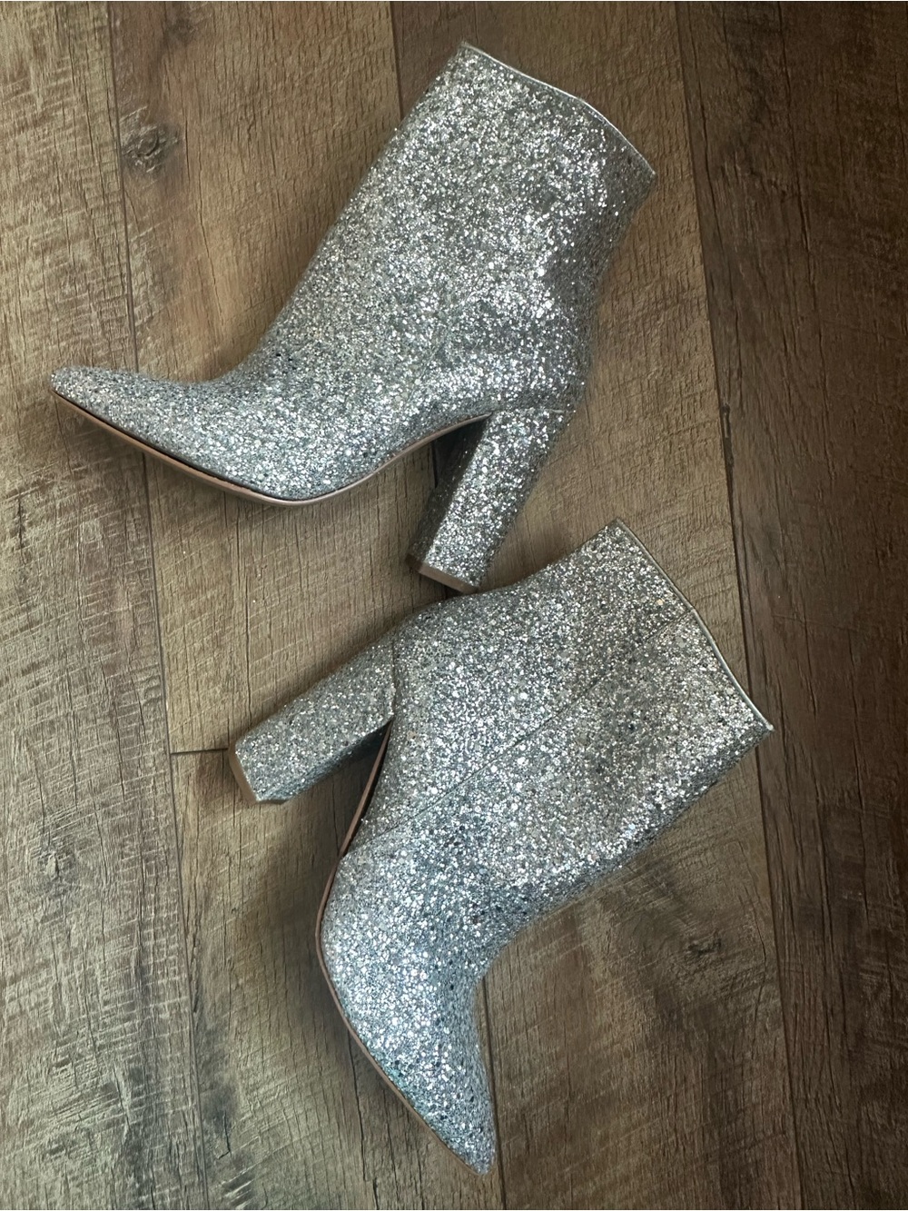 Silver Glitter Block Heel Ankle Boots - Women's Fashion Booties